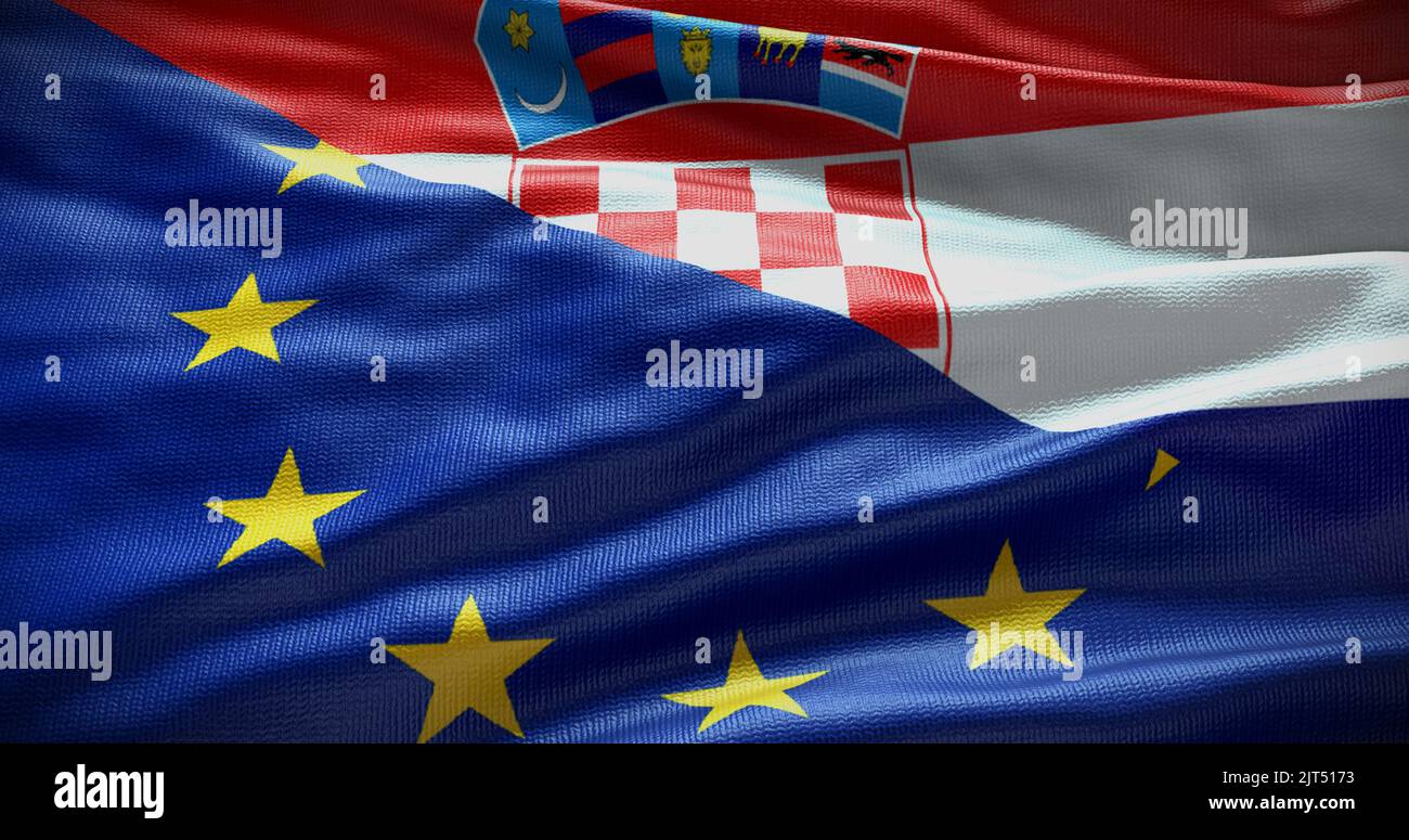 Hintergrund der Flagge Kroatiens und der Europäischen Union. Beziehungen zwischen der Regierung des Landes und der EU. 3D Abbildung. Stockfoto