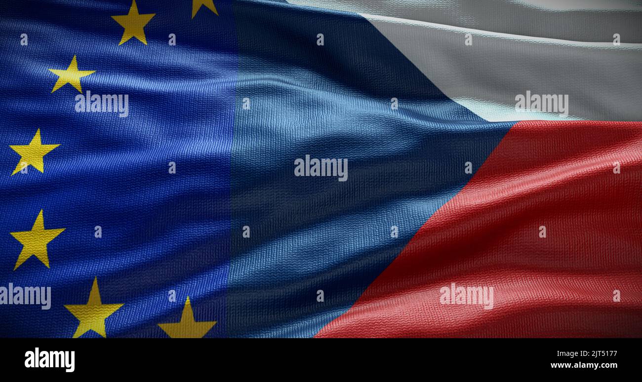 Hintergrund der Flagge der Tschechischen Republik und der Europäischen Union. Beziehungen zwischen der Regierung des Landes und der EU. 3D Abbildung. Stockfoto