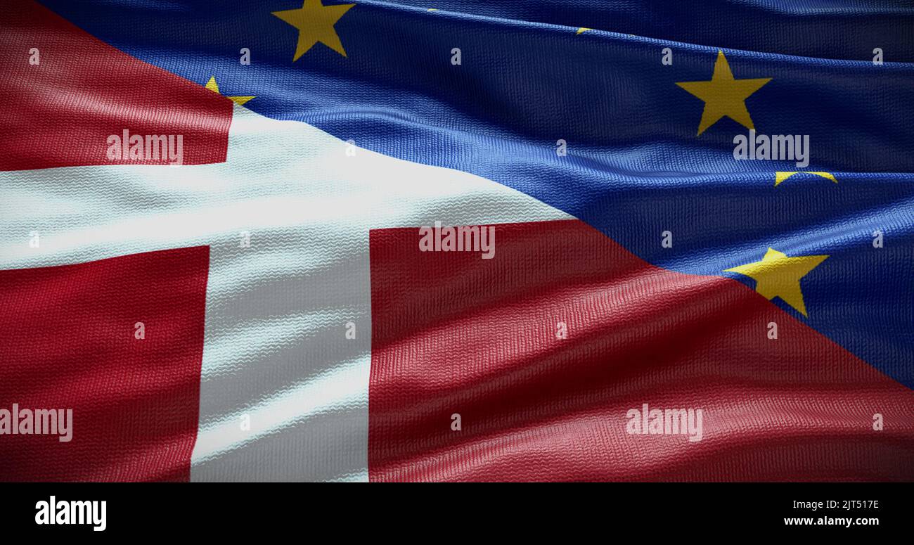Hintergrund der Flagge Dänemarks und der Europäischen Union. Beziehungen zwischen der Regierung des Landes und der EU. 3D Abbildung. Stockfoto