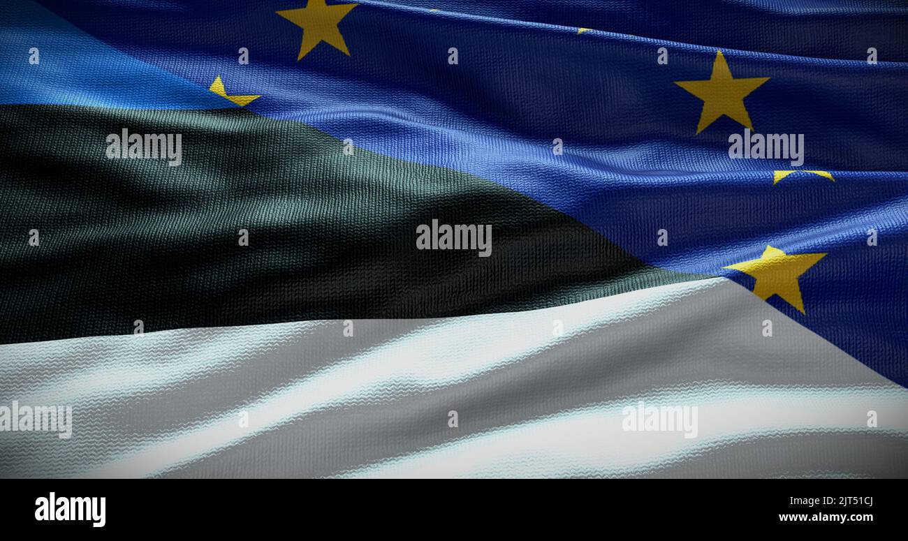 Hintergrund der Flagge Estlands und der Europäischen Union. Beziehungen zwischen der Regierung des Landes und der EU. 3D Abbildung. Stockfoto