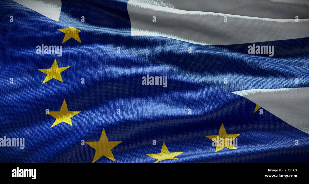 Hintergrund der Flagge Finnlands und der Europäischen Union. Beziehungen zwischen der Regierung des Landes und der EU. 3D Abbildung. Stockfoto