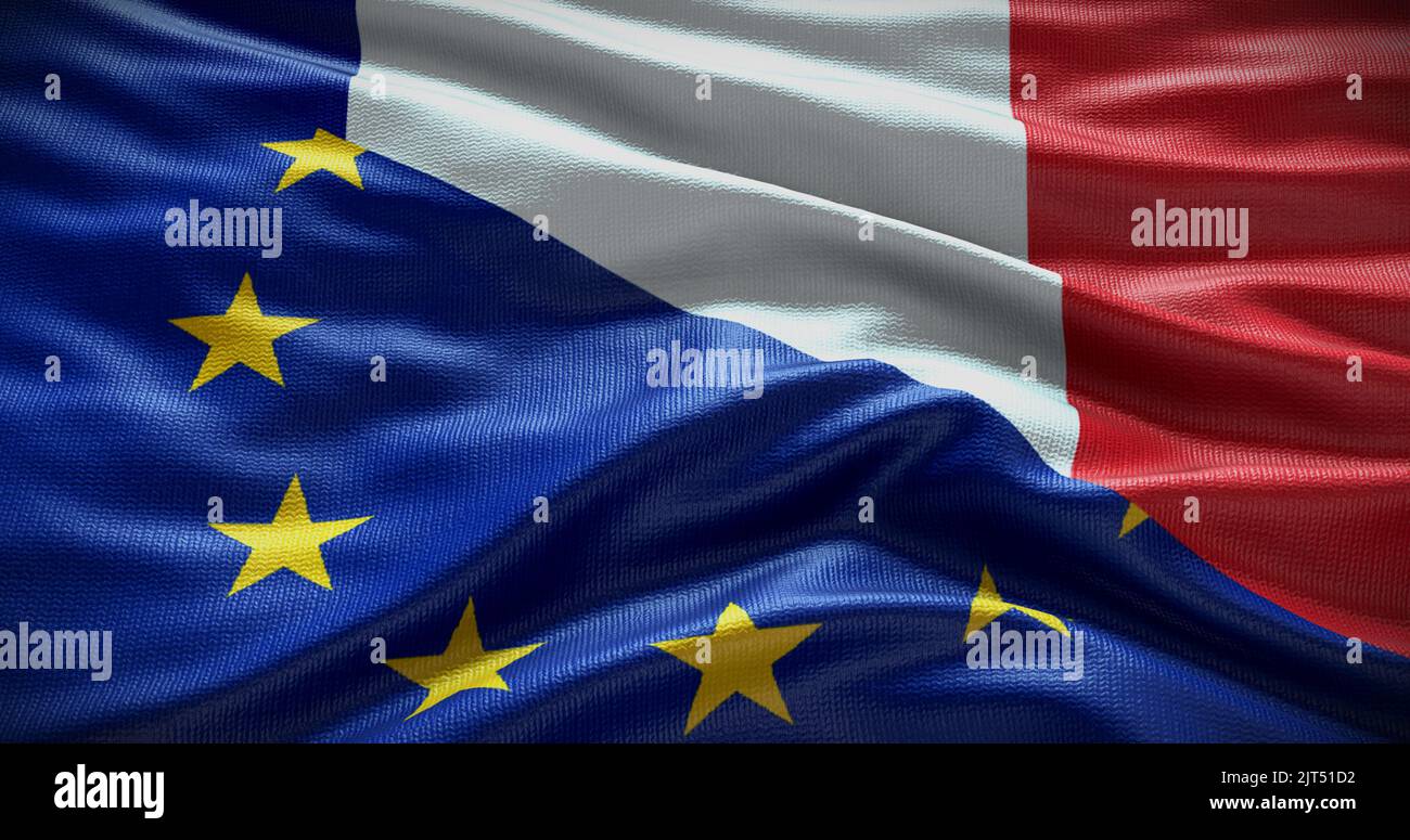 Hintergrund der Flagge Frankreichs und der Europäischen Union. Beziehungen zwischen der Regierung des Landes und der EU. 3D Abbildung. Stockfoto