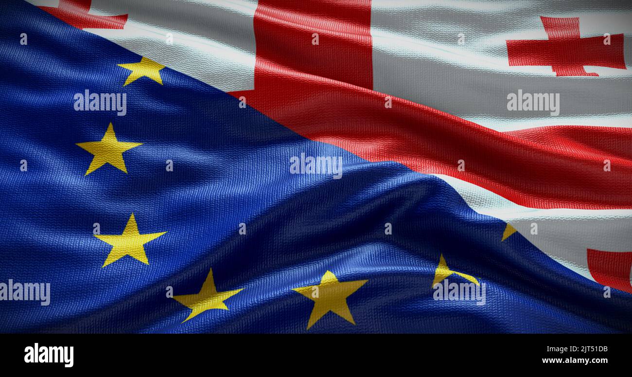 Hintergrund der Flagge Georgiens und der Europäischen Union. Beziehungen zwischen der Regierung des Landes und der EU. 3D Abbildung. Stockfoto