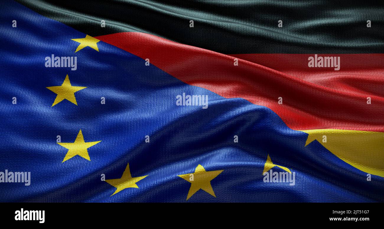 Hintergrund der Flagge Deutschlands und der Europäischen Union. Beziehungen zwischen der Regierung des Landes und der EU. 3D Abbildung. Stockfoto
