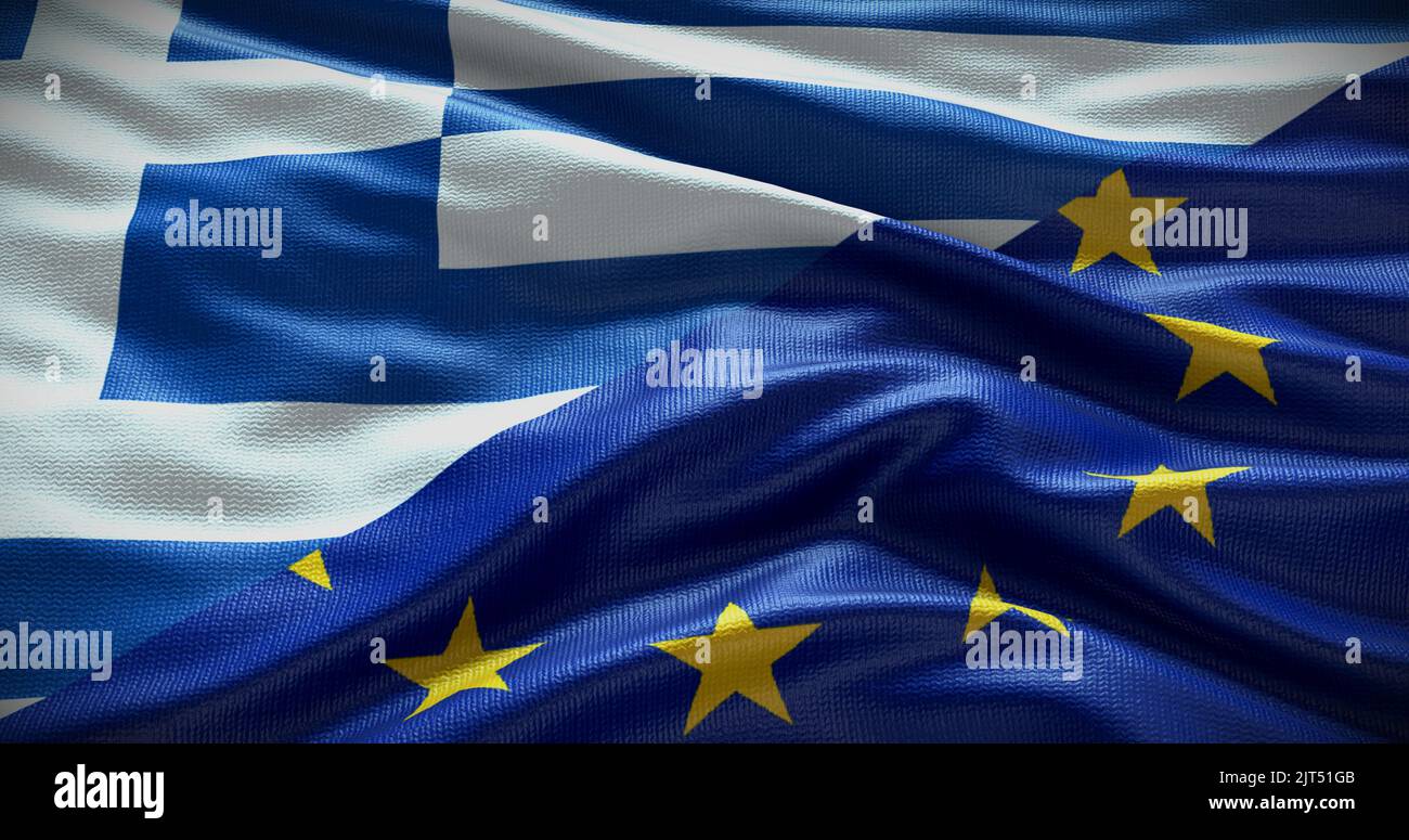 Hintergrund der Flagge Griechenlands und der Europäischen Union. Beziehungen zwischen der Regierung des Landes und der EU. 3D Abbildung. Stockfoto