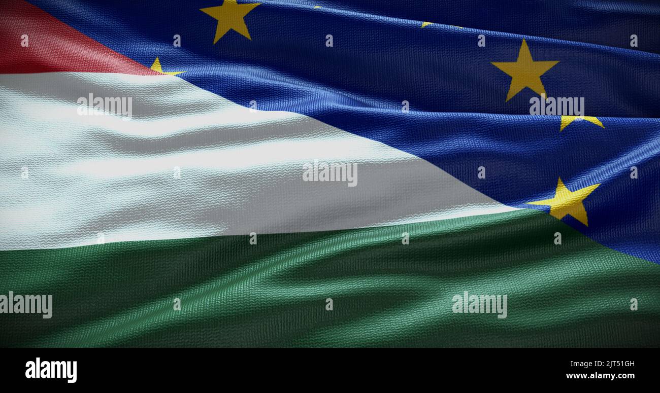 Hintergrund der Flagge Ungarns und der Europäischen Union. Beziehungen zwischen der Regierung des Landes und der EU. 3D Abbildung. Stockfoto