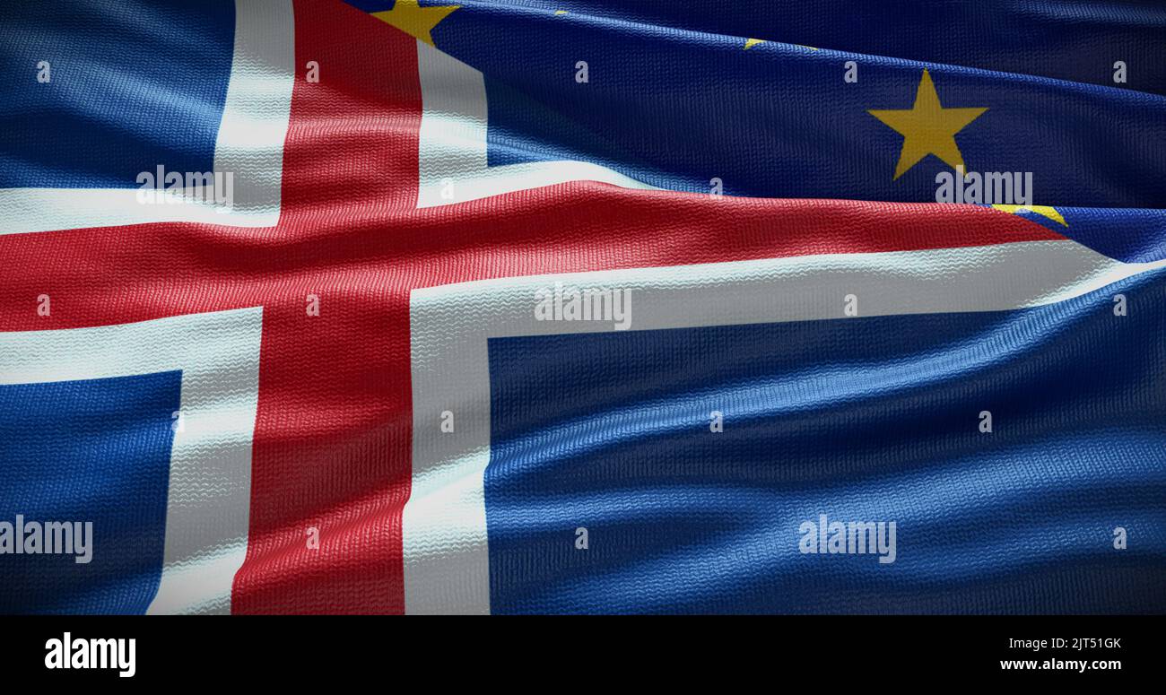 Hintergrund der Flagge Islands und der Europäischen Union. Beziehungen zwischen der Regierung des Landes und der EU. 3D Abbildung. Stockfoto