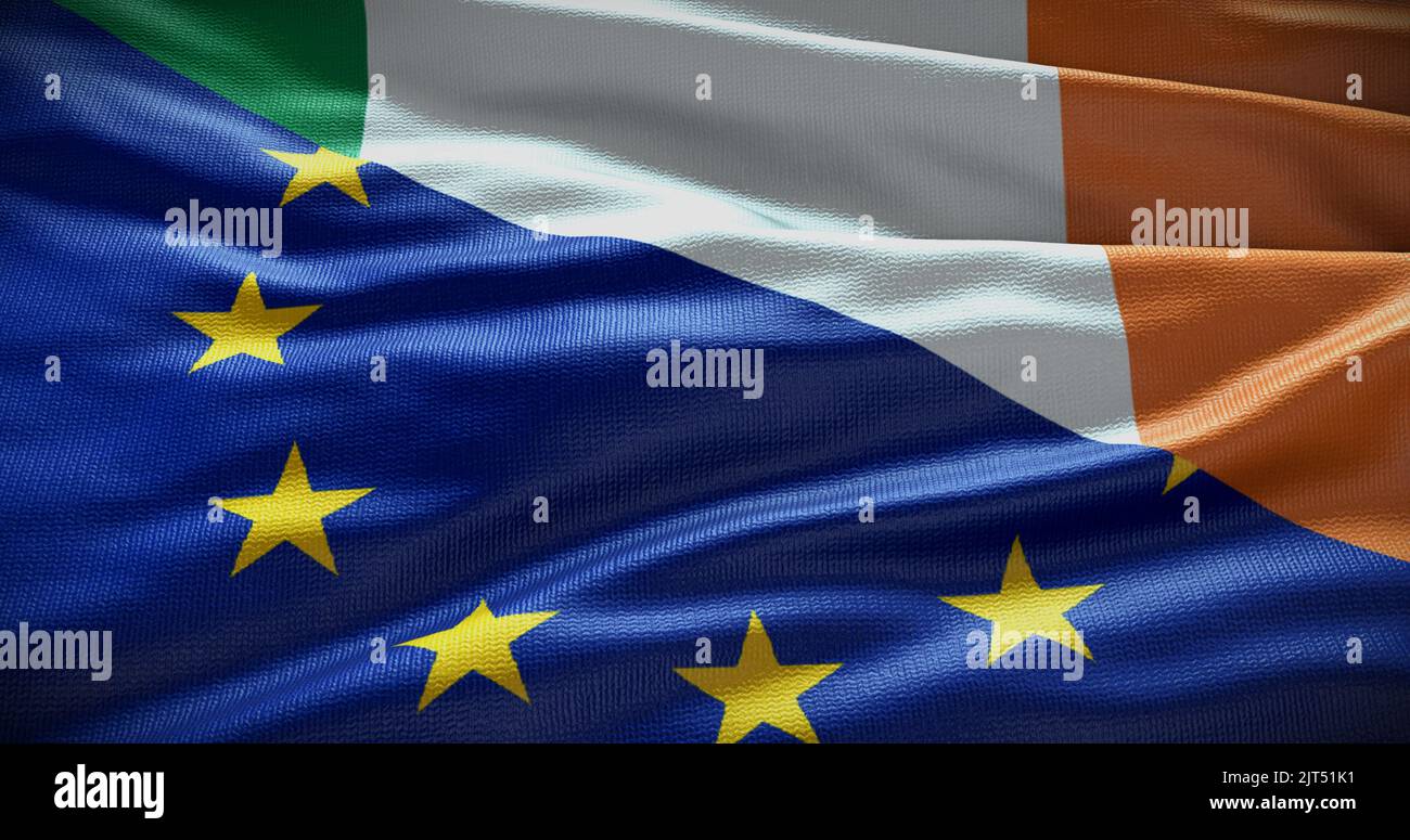 Hintergrund der Flagge Irlands und der Europäischen Union. Beziehungen zwischen der Regierung des Landes und der EU. 3D Abbildung. Stockfoto