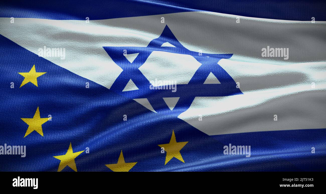 Hintergrund der Flagge Israels und der Europäischen Union. Beziehungen zwischen der Regierung des Landes und der EU. 3D Abbildung. Stockfoto