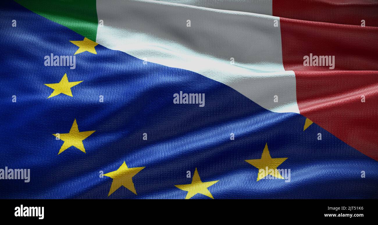 Hintergrund der Flagge Italiens und der Europäischen Union. Beziehungen zwischen der Regierung des Landes und der EU. 3D Abbildung. Stockfoto