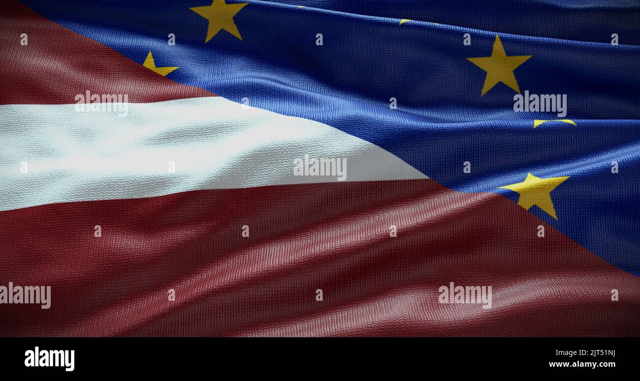 Hintergrund der Flagge Lettlands und der Europäischen Union. Beziehungen zwischen der Regierung des Landes und der EU. 3D Abbildung. Stockfoto