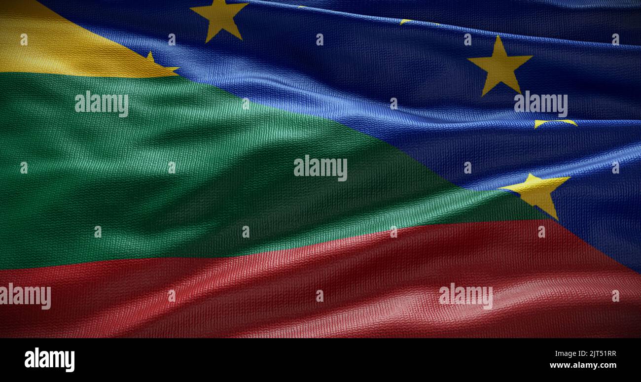 Hintergrund der Flagge Litauens und der Europäischen Union. Beziehungen zwischen der Regierung des Landes und der EU. 3D Abbildung. Stockfoto