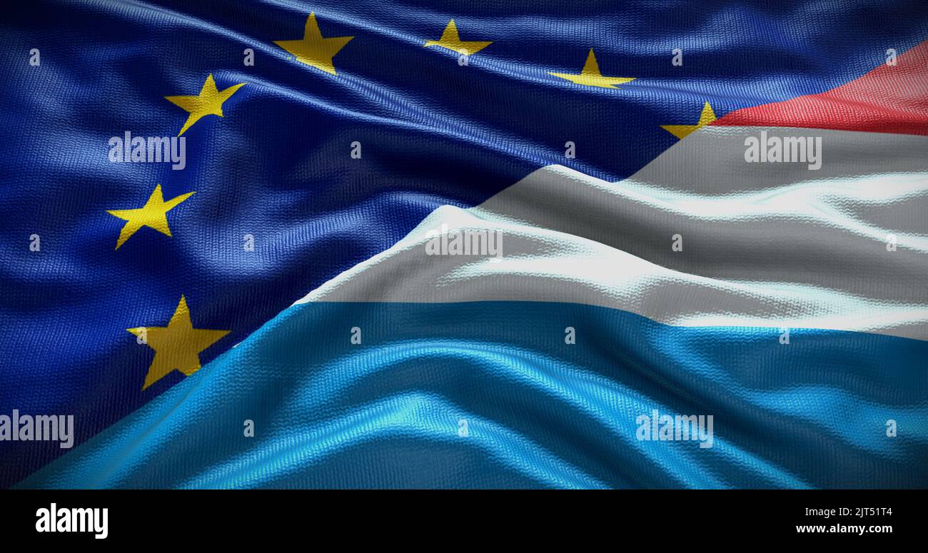 Hintergrund der Flagge Luxemburgs und der Europäischen Union. Beziehungen zwischen der Regierung des Landes und der EU. 3D Abbildung. Stockfoto