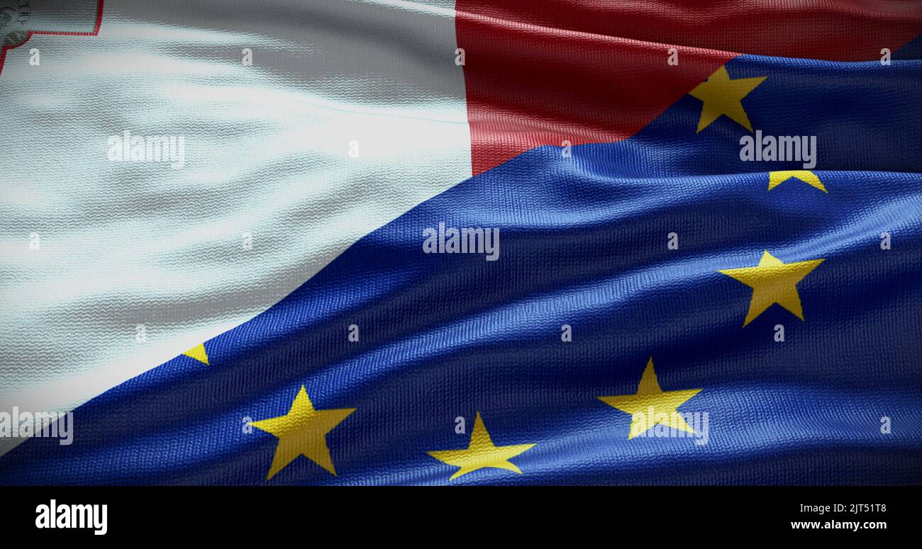 Hintergrund der Flagge Maltas und der Europäischen Union. Beziehungen zwischen der Regierung des Landes und der EU. 3D Abbildung. Stockfoto
