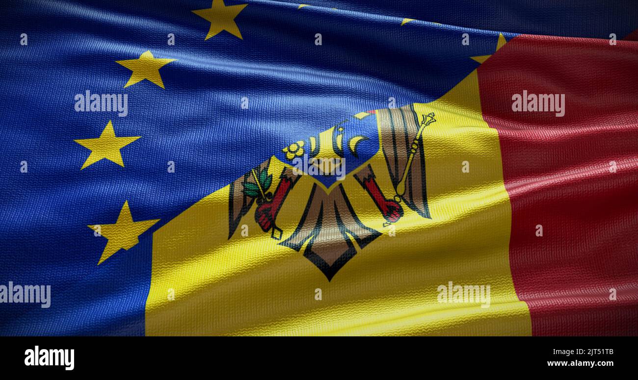 Hintergrund der Flagge Moldawiens und der Europäischen Union. Beziehungen zwischen der Regierung des Landes und der EU. 3D Abbildung. Stockfoto