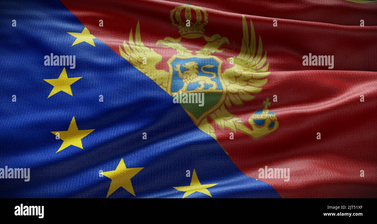 Hintergrund der Flagge Montenegros und der Europäischen Union. Beziehungen zwischen der Regierung des Landes und der EU. 3D Abbildung. Stockfoto