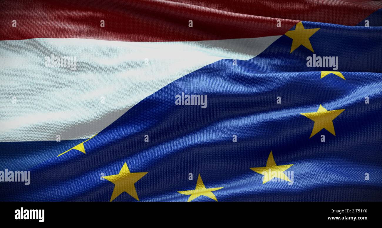Hintergrund der Flagge der Niederlande und der Europäischen Union. Beziehungen zwischen der Regierung des Landes und der EU. 3D Abbildung. Stockfoto