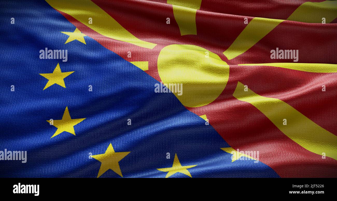 Hintergrund der Flagge Nordmazedoniens und der Europäischen Union. Beziehungen zwischen der Regierung des Landes und der EU. 3D Abbildung. Stockfoto