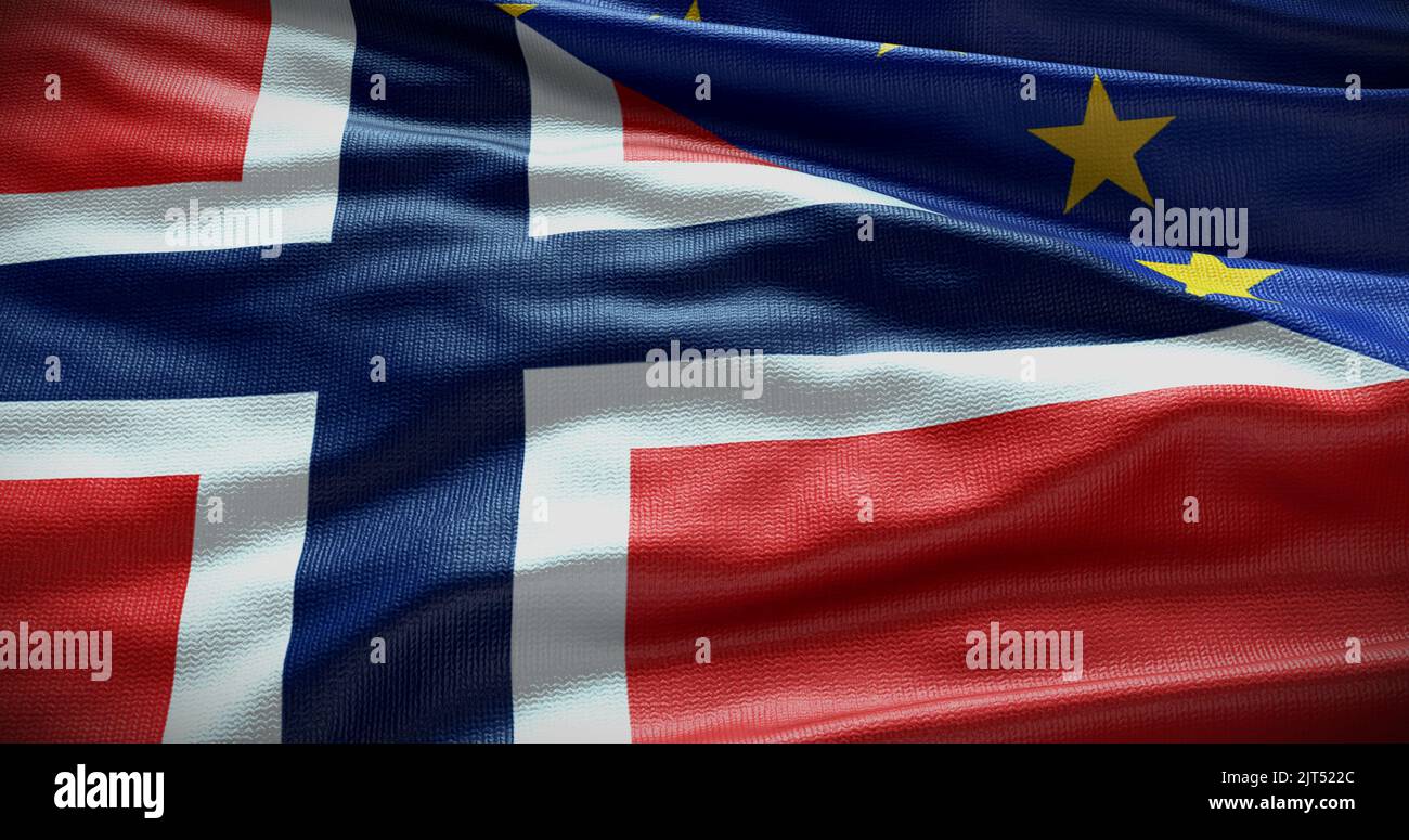Hintergrund der Flagge Norwegens und der Europäischen Union. Beziehungen zwischen der Regierung des Landes und der EU. 3D Abbildung. Stockfoto
