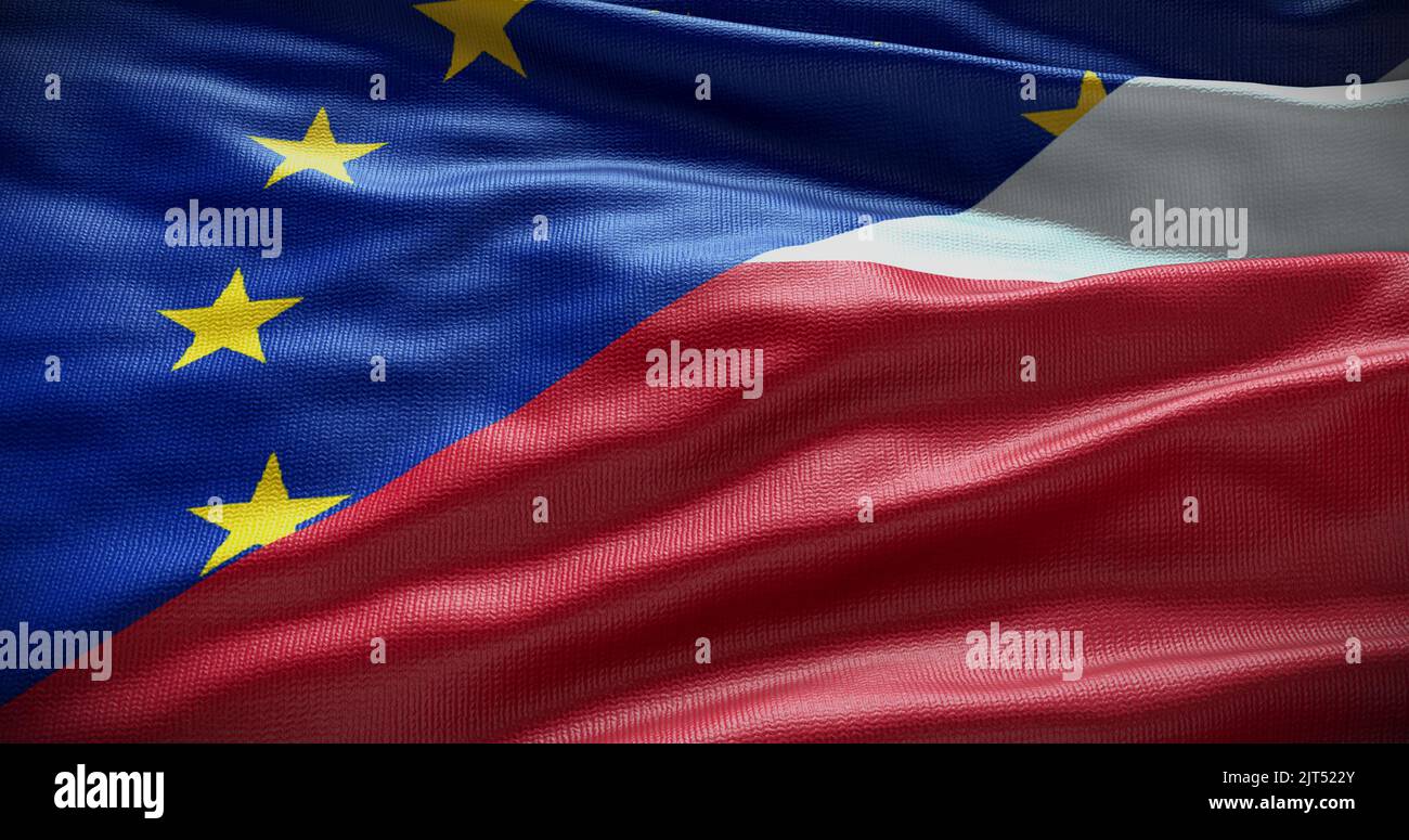 Hintergrund der Flagge Polens und der Europäischen Union. Beziehungen zwischen der Regierung des Landes und der EU. 3D Abbildung. Stockfoto