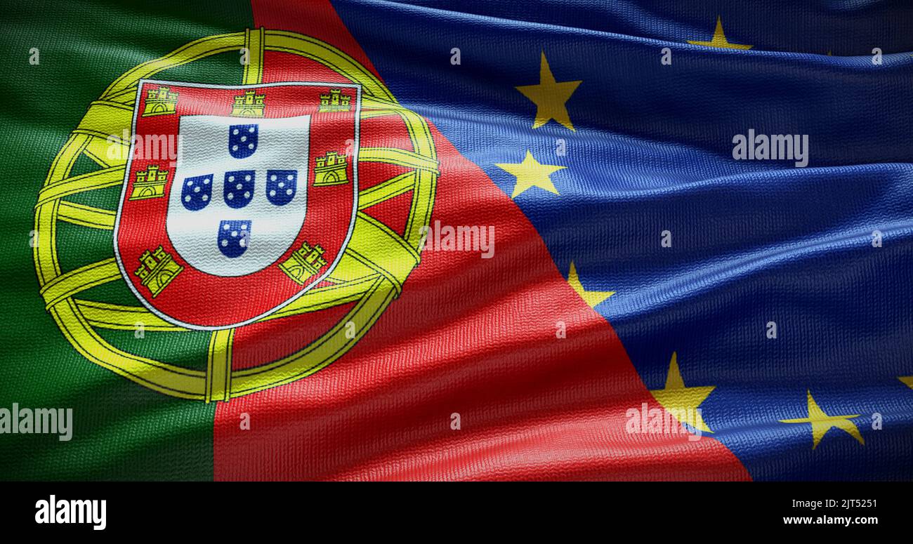 Hintergrund der Flagge Portugals und der Europäischen Union. Beziehungen zwischen der Regierung des Landes und der EU. 3D Abbildung. Stockfoto