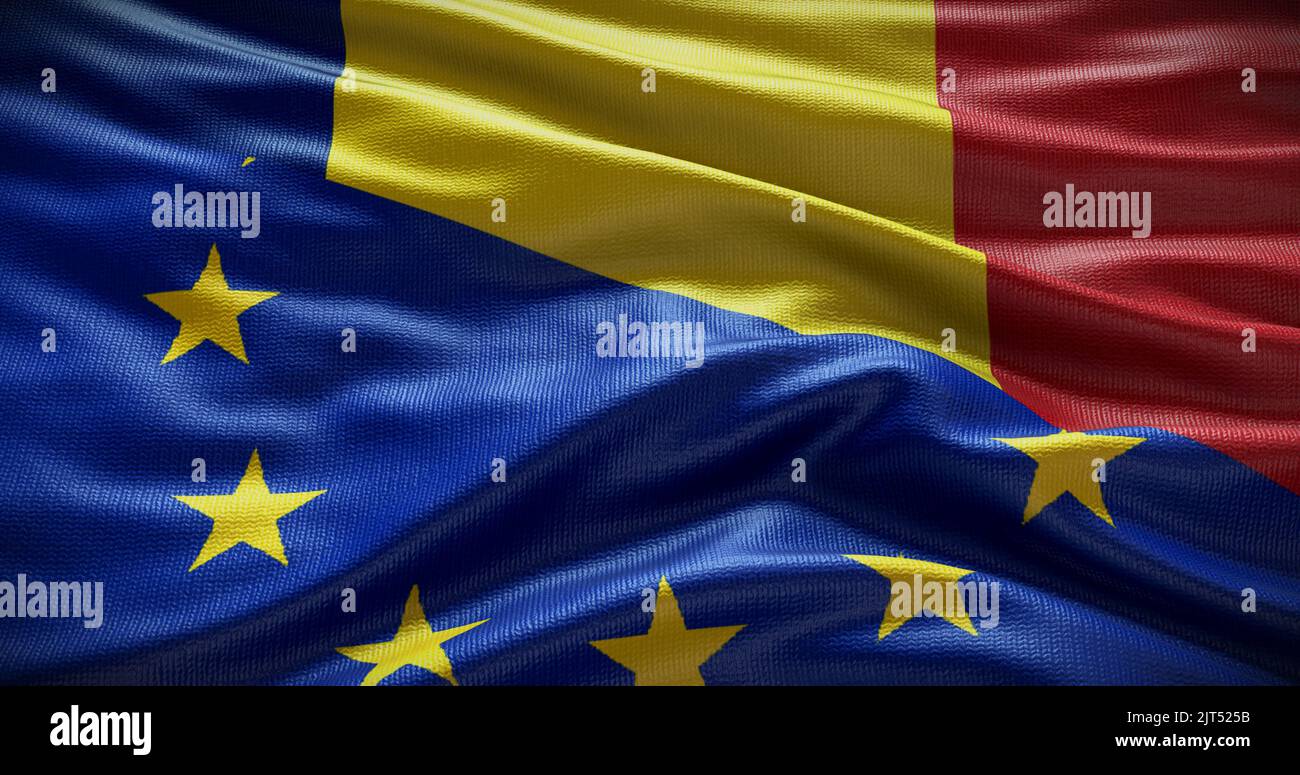 Hintergrund der Flagge Rumäniens und der Europäischen Union. Beziehungen zwischen der Regierung des Landes und der EU. 3D Abbildung. Stockfoto