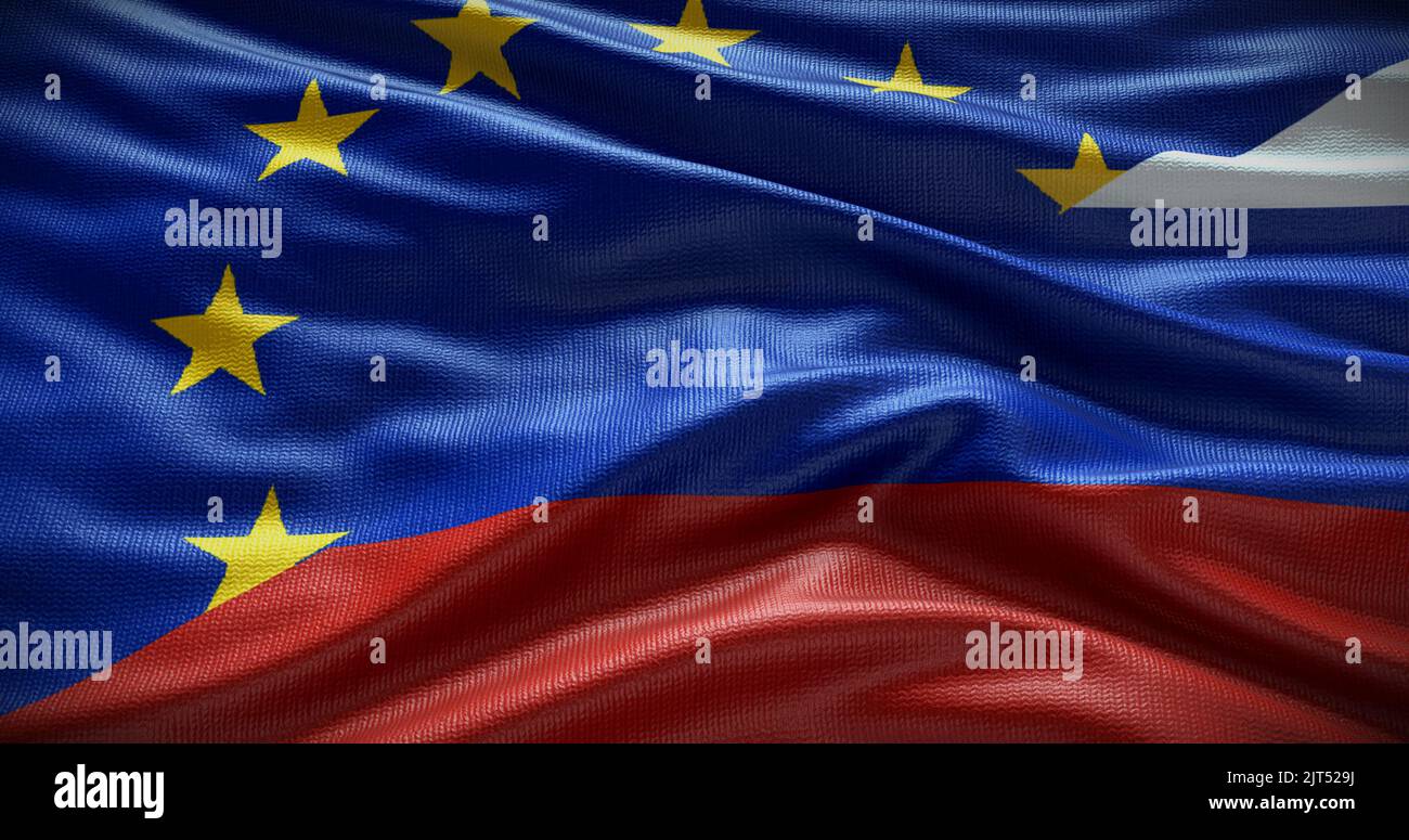 Hintergrund der Flagge Russlands und der Europäischen Union. Beziehungen zwischen der Regierung des Landes und der EU. 3D Abbildung. Stockfoto