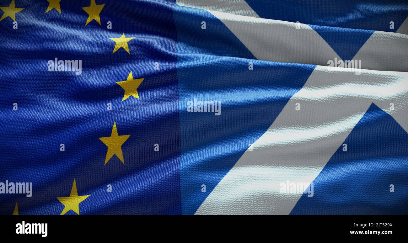 Hintergrund der Flagge Schottlands und der Europäischen Union. Beziehungen zwischen der Regierung des Landes und der EU. 3D Abbildung. Stockfoto
