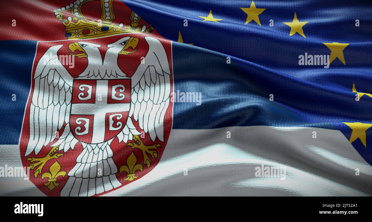 Hintergrund der Flagge Serbiens und der Europäischen Union. Beziehungen zwischen der Regierung des Landes und der EU. 3D Abbildung. Stockfoto