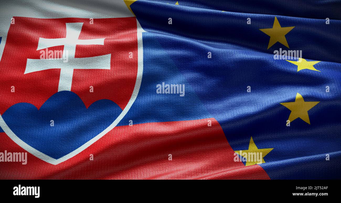 Hintergrund der Flagge der Slowakei und der Europäischen Union. Beziehungen zwischen der Regierung des Landes und der EU. 3D Abbildung. Stockfoto