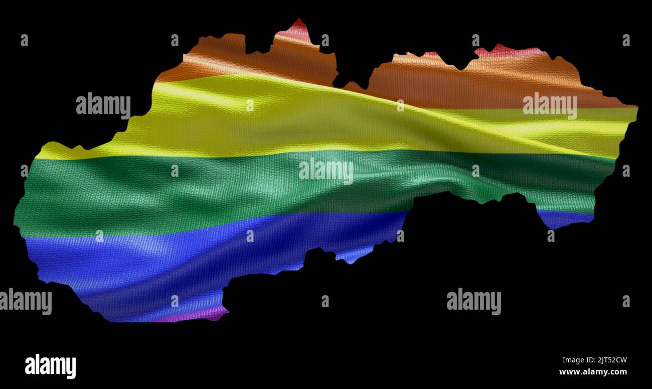 Slowakei Land Gebiet Umriss Form mit LGBT Regenbogenfahne auf schwarzem Hintergrund. Stockfoto