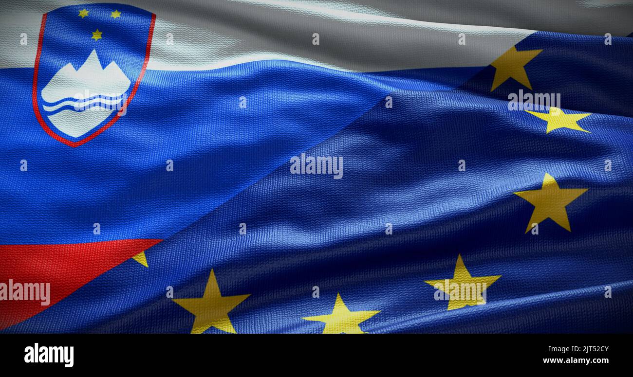 Hintergrund der Flagge Sloweniens und der Europäischen Union. Beziehungen zwischen der Regierung des Landes und der EU. 3D Abbildung. Stockfoto
