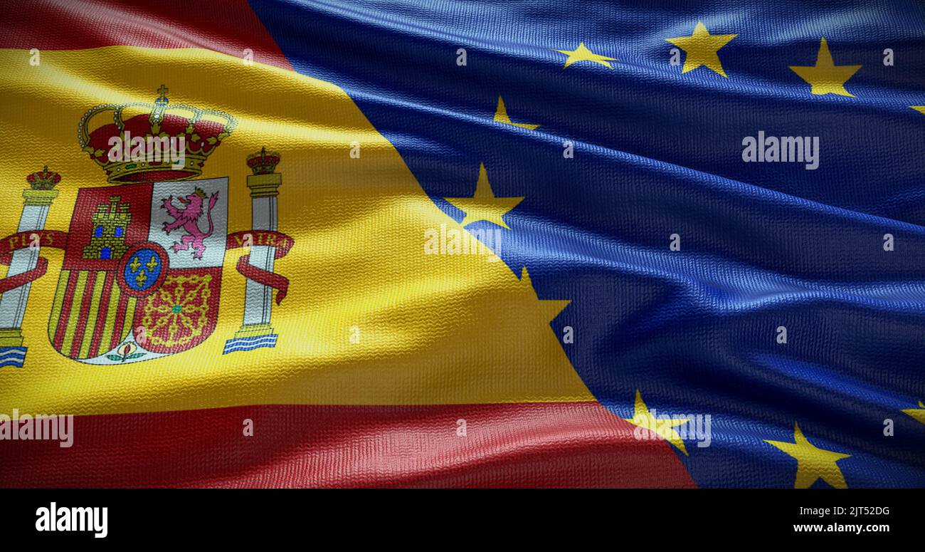 Hintergrund der Flagge Spaniens und der Europäischen Union. Beziehungen zwischen der Regierung des Landes und der EU. 3D Abbildung. Stockfoto
