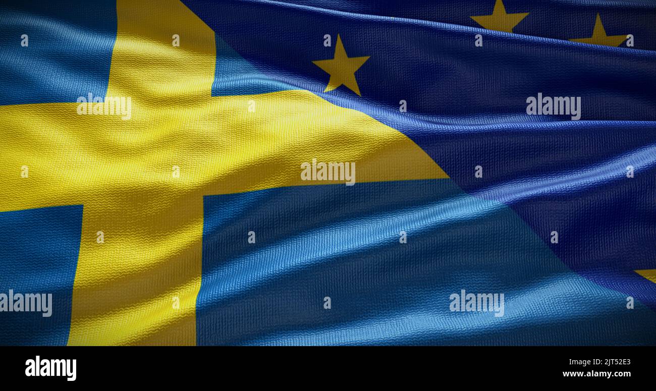 Hintergrund der Flagge Schwedens und der Europäischen Union. Beziehungen zwischen der Regierung des Landes und der EU. 3D Abbildung. Stockfoto
