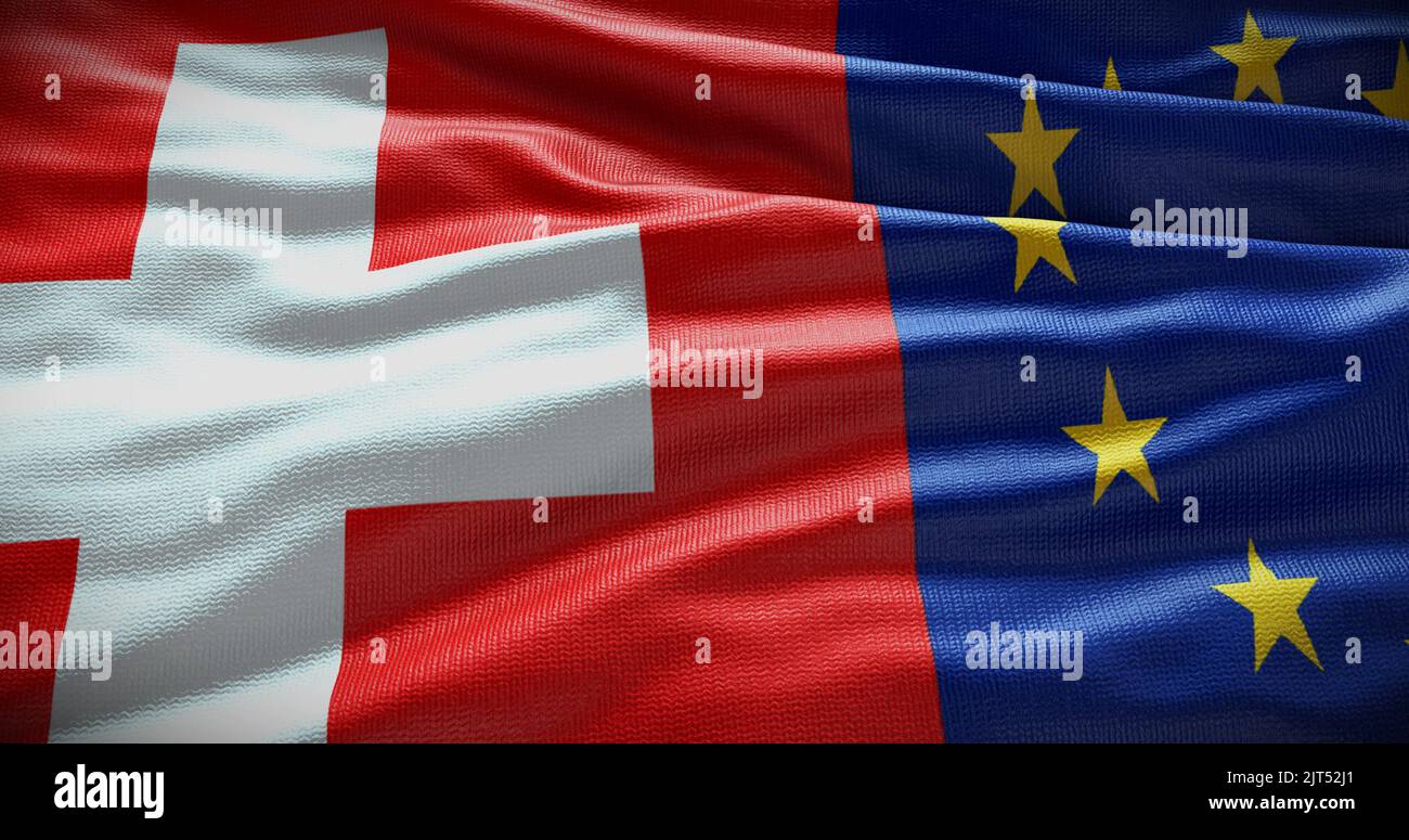 Hintergrund der Flagge der Schweiz und der Europäischen Union. Beziehungen zwischen der Regierung des Landes und der EU. 3D Abbildung. Stockfoto