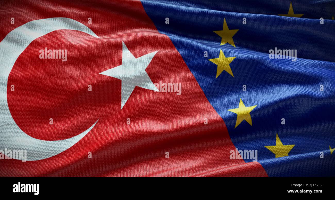 Hintergrund der Flagge der Türkei und der Europäischen Union. Beziehungen zwischen der Regierung des Landes und der EU. 3D Abbildung. Stockfoto