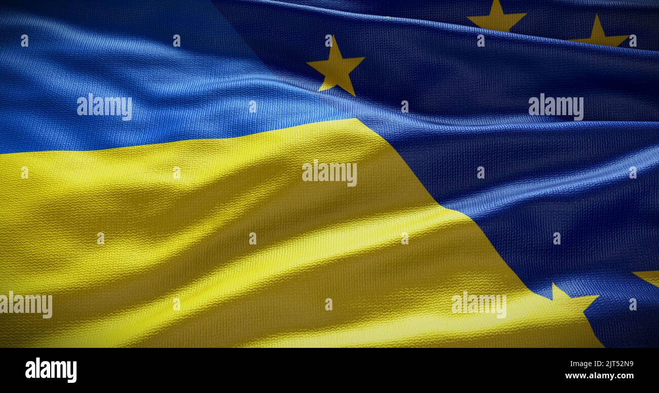 Hintergrund der Flagge der Ukraine und der Europäischen Union. Beziehungen zwischen der Regierung des Landes und der EU. 3D Abbildung. Stockfoto