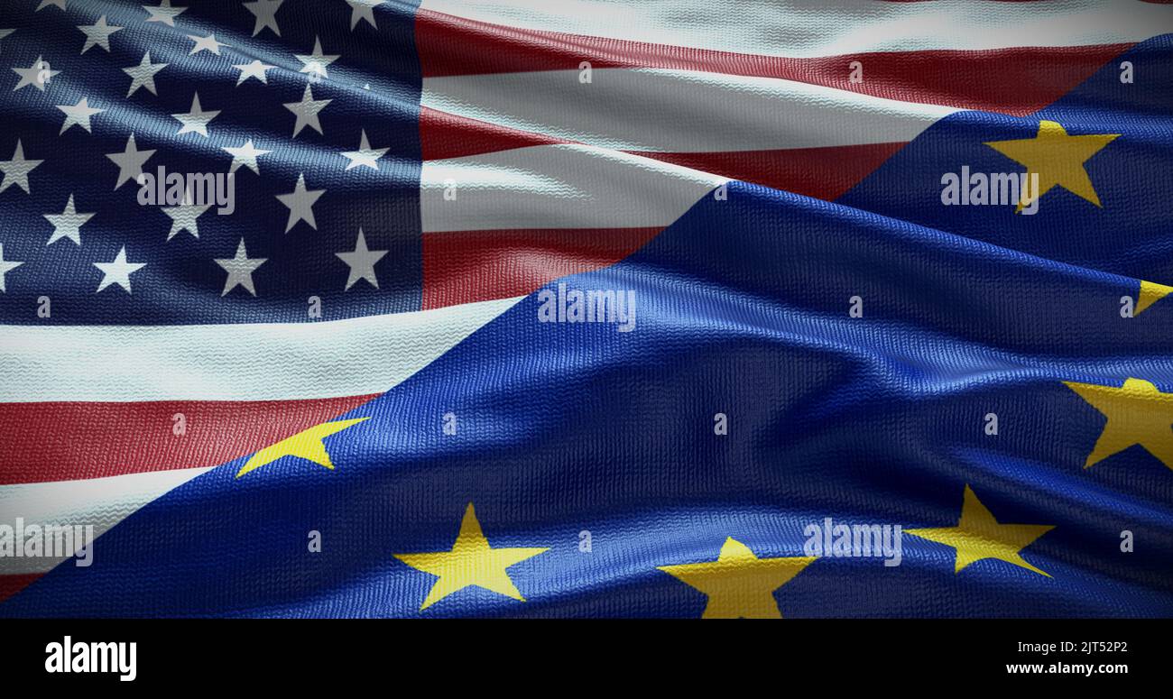 Hintergrund der Flagge der Vereinigten Staaten und der Europäischen Union. Beziehungen zwischen der Regierung des Landes und der EU. 3D Abbildung. Stockfoto