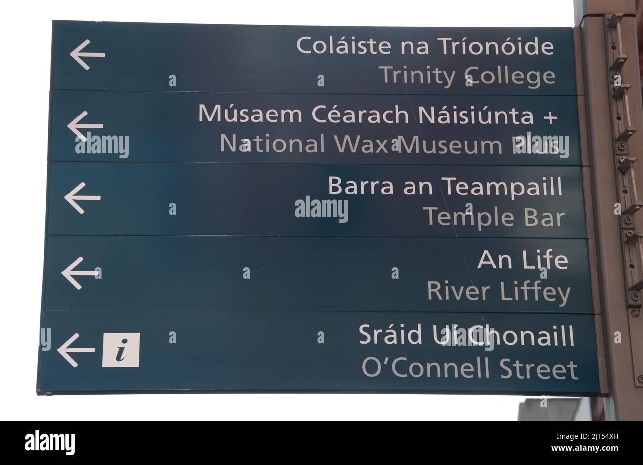 Touristenschild, Dublin, Irland. Zweisprachiges Schild mit Wegbeschreibungen zu einigen der wichtigsten Touristenattraktionen in Dublin. Stockfoto