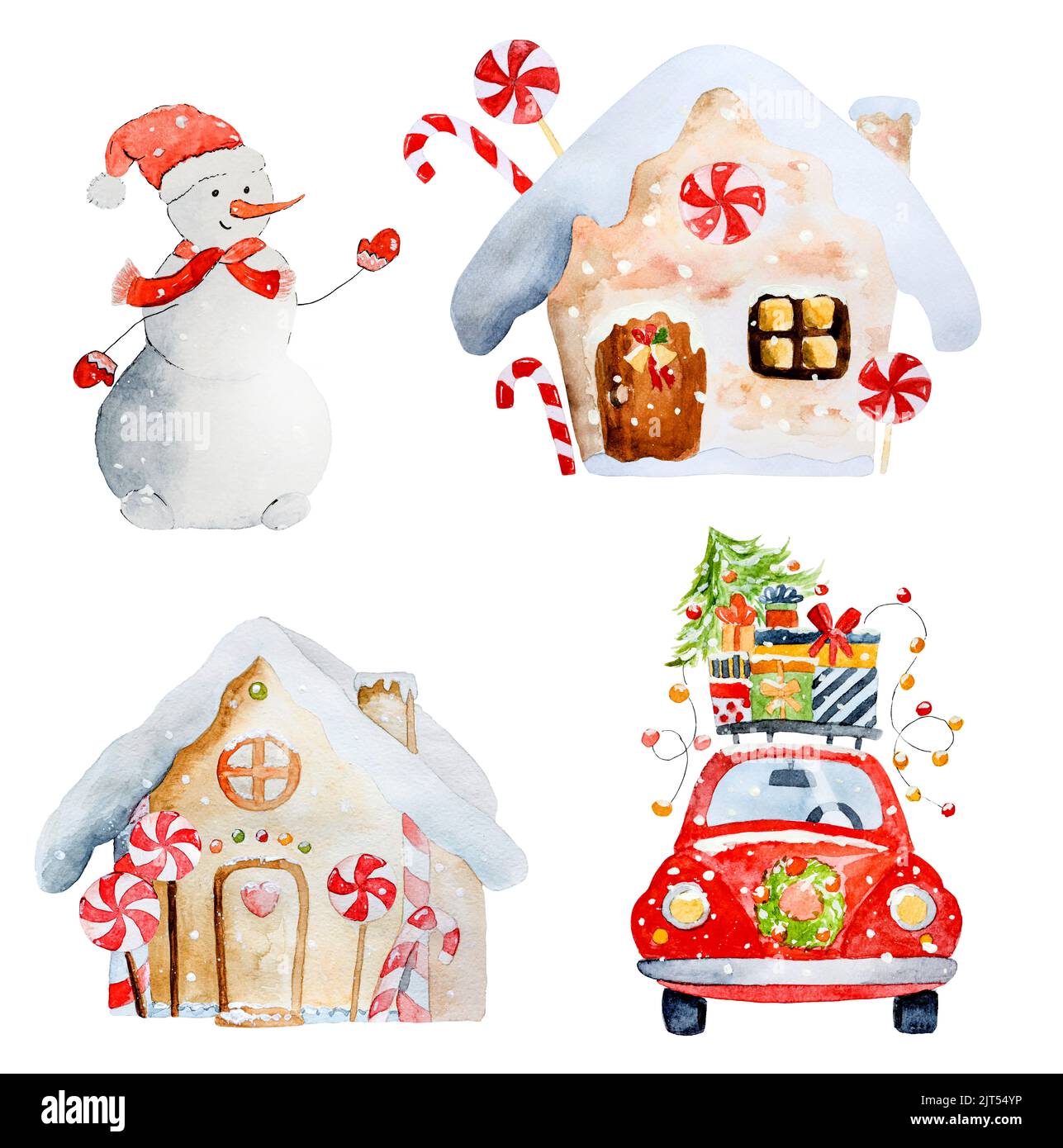 Weihnachtsbaum auf dem Auto, dekorative Christmas Ornament, Art  Illustration mit Aquarell auf weißem Hintergrund gemalt Stockfotografie -  Alamy