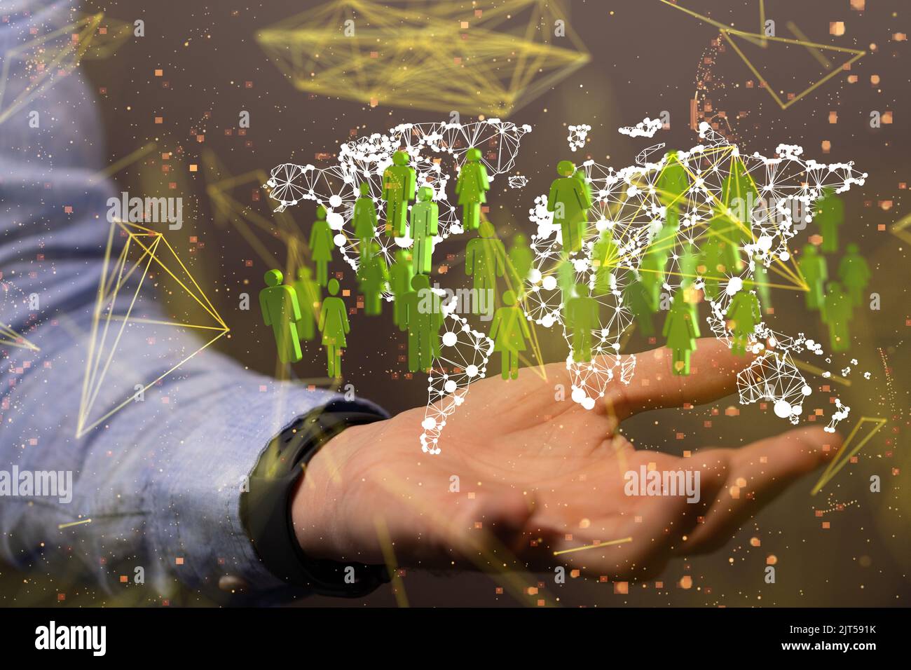 Ein 3D gerendertes globales Netzwerk schwebte in der Hand des Menschen Stockfoto