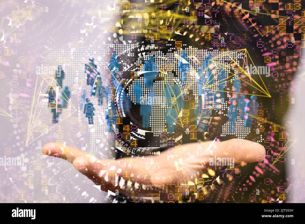 Ein 3D gerendertes globales Netzwerk schwebte in der Hand des Menschen Stockfoto