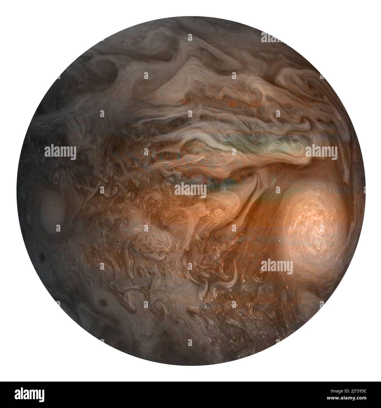Jupiter isoliert auf weißem Hintergrund, Collage mit aufsteigenden und absteigenden Wolken. Elemente dieses Bildes, die von der NASA eingerichtet wurden. Stockfoto