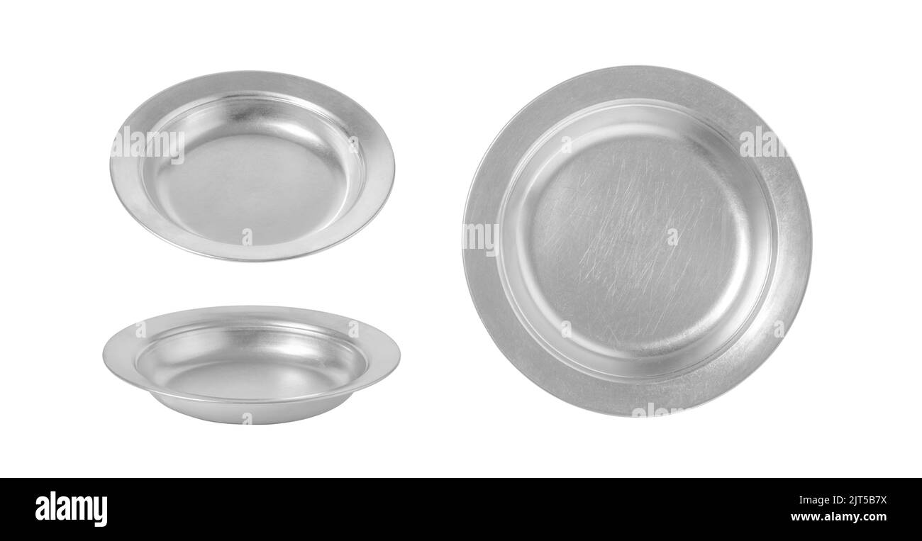 Silberne Metallplatte isoliert auf weißem Hintergrund Stockfoto