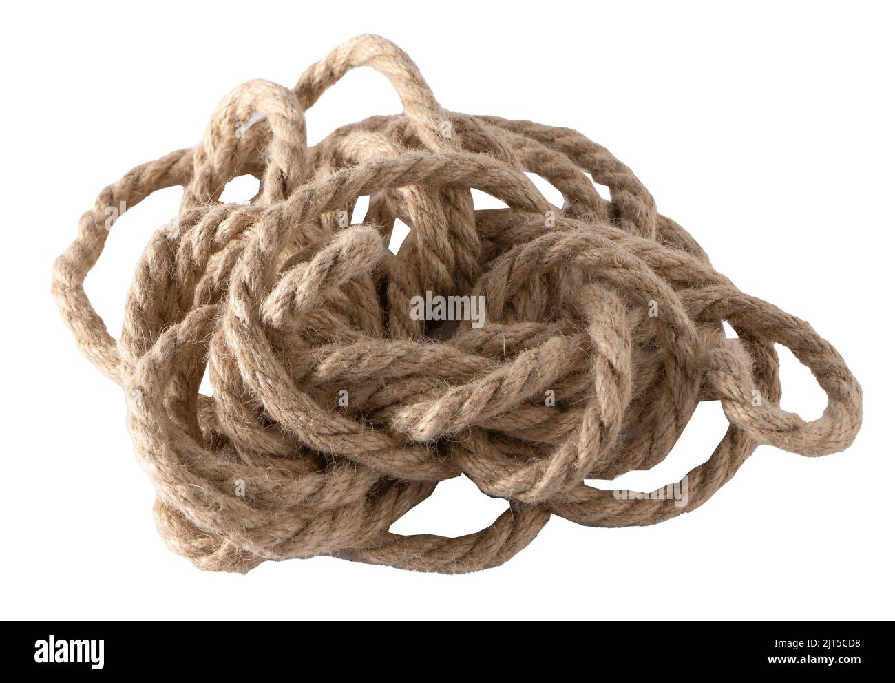 Das Seil isoliert auf weißem Hintergrund. Knoten aus einem verworrenen Seil. Stockfoto