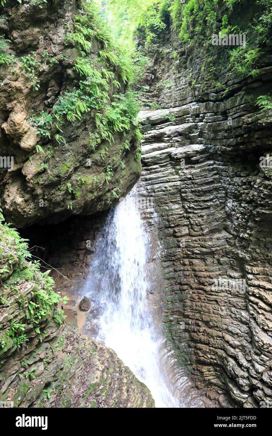 Landschaft im Herzen des Rufabgo Wasserfalls in Adygea Stockfoto