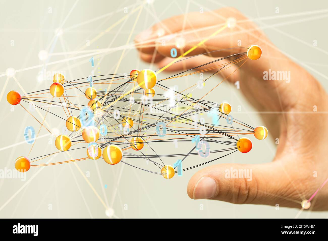 Ein 3D gerendertes globales Netzwerk schwebte in der hand von mans Stockfoto