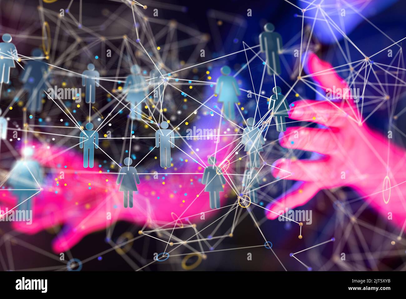 Ein 3D gerendertes globales Netzwerk schwebte in der hand von mans Stockfoto