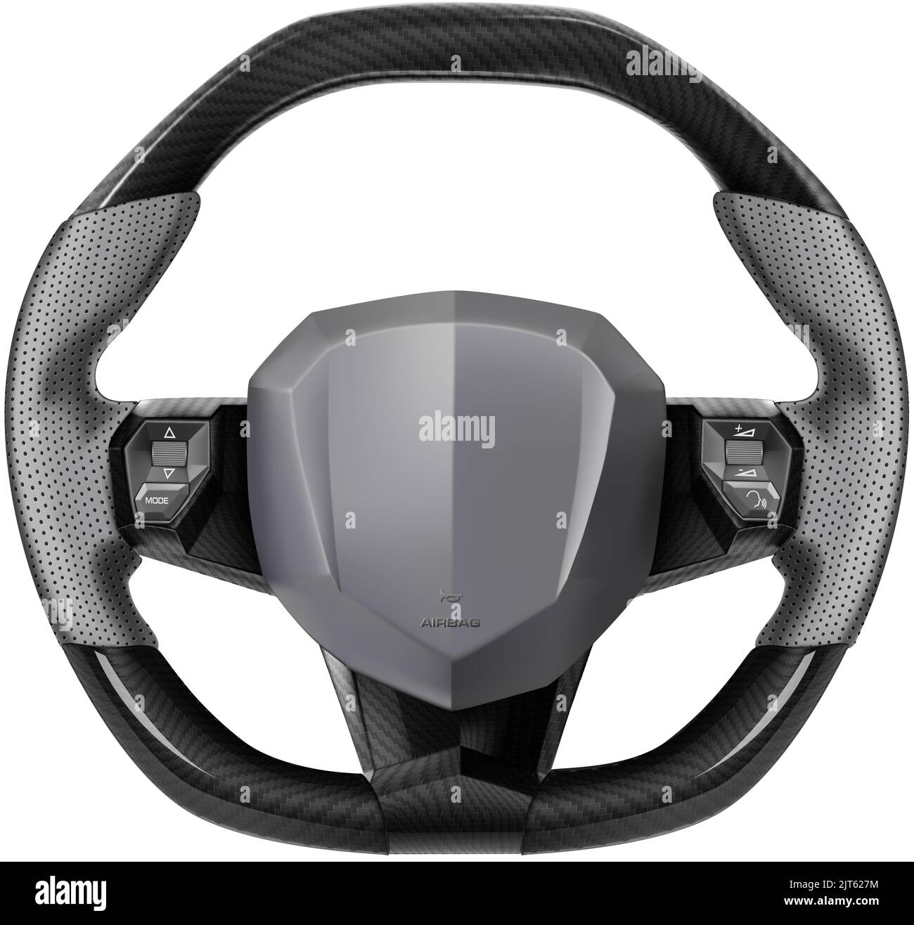 Realistische Vektor-Lenkrad Supercar Auto Teile für Lenkrichtungskontrolle mit grauem Gummi und schwarzem Kevlar-Muster mit Steuermodus bedeckt Stock Vektor