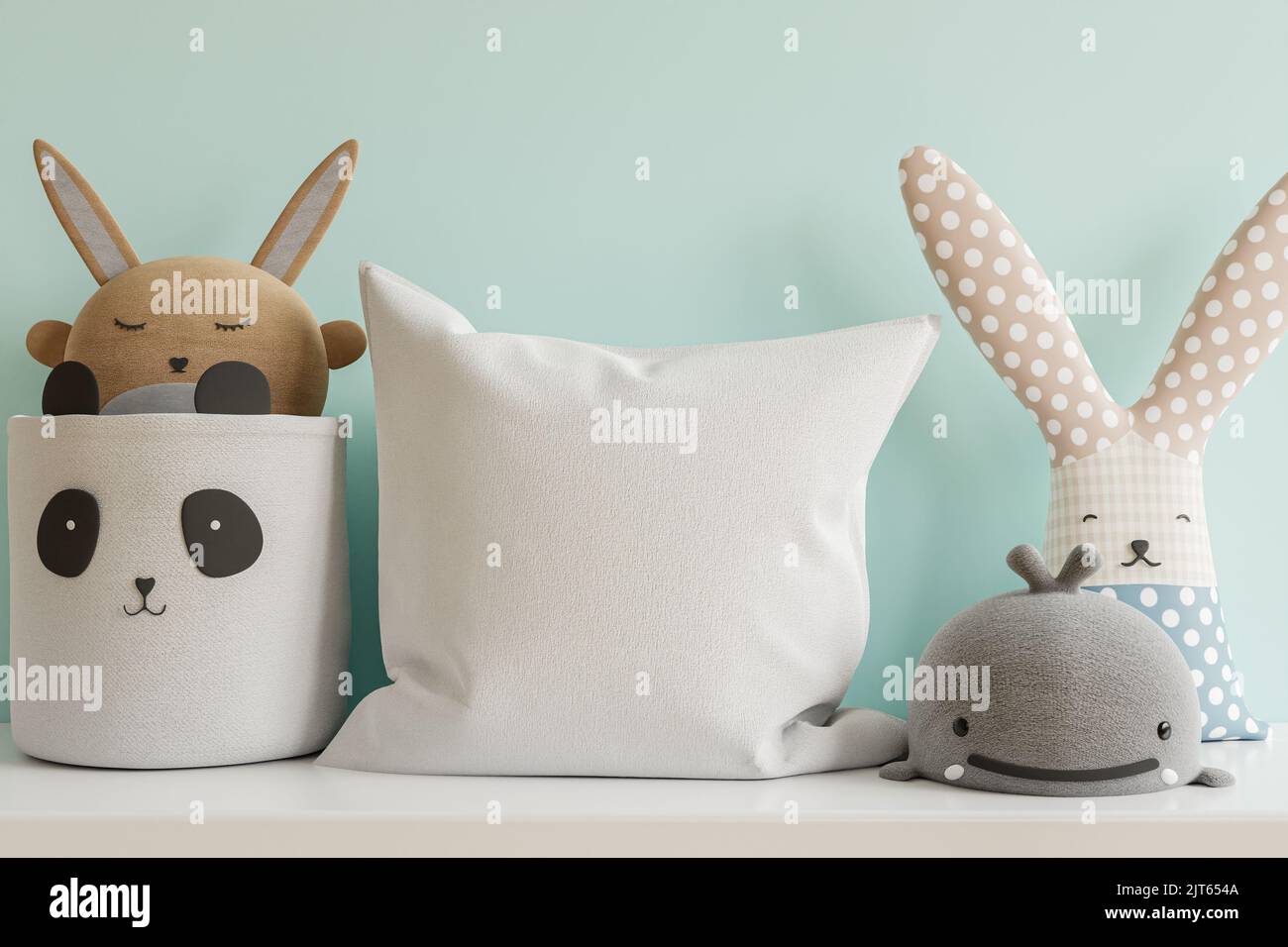 Mockup Kissen im Kinderzimmer auf hellblauen Farben Wandhintergrund.3D Rendering Stockfoto